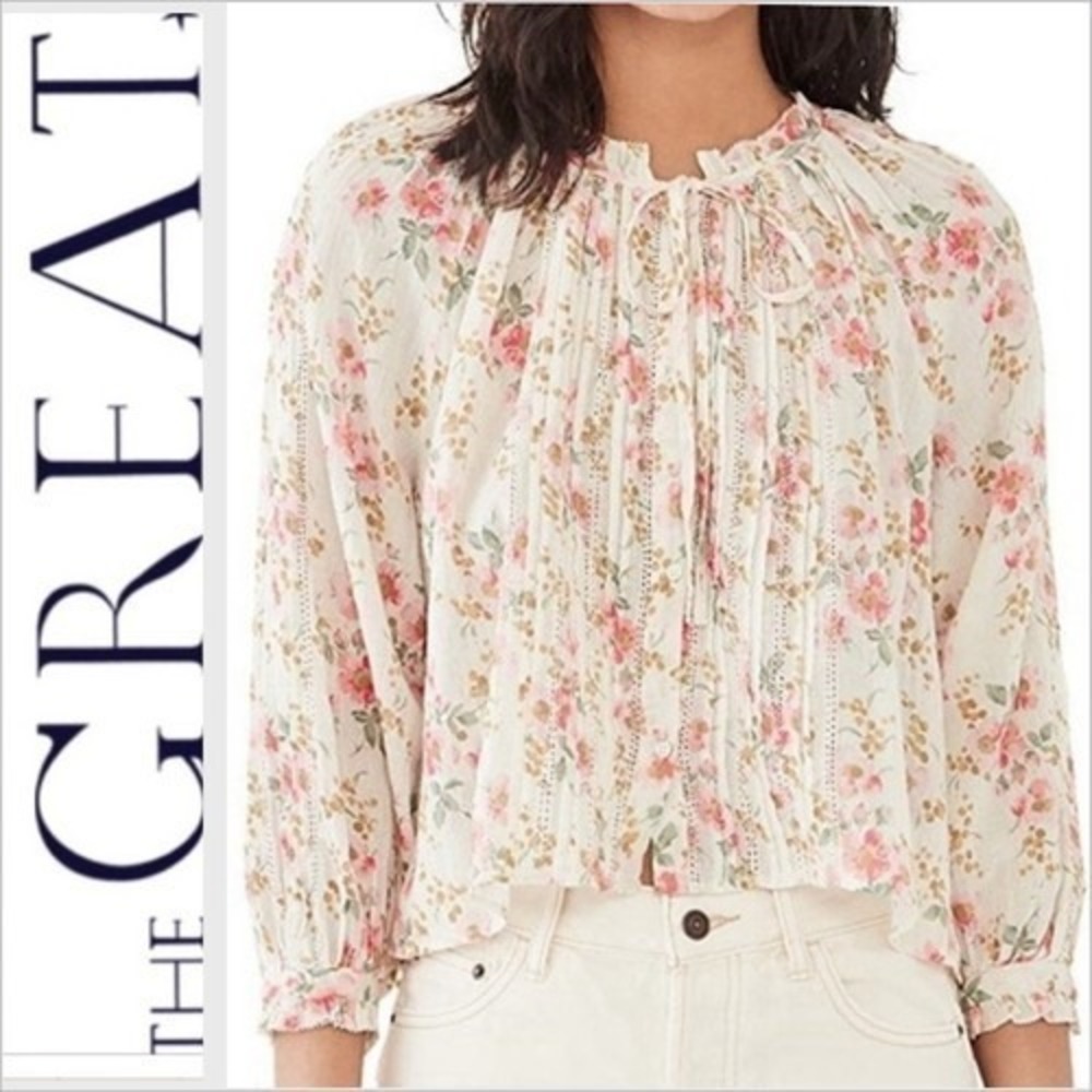 THE GREAT. Floral Pintuck Peasant Blouse in Cream and Pink